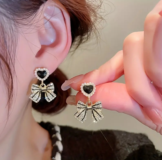 Black Heart Bow Korean Drop Earrings Buyinby